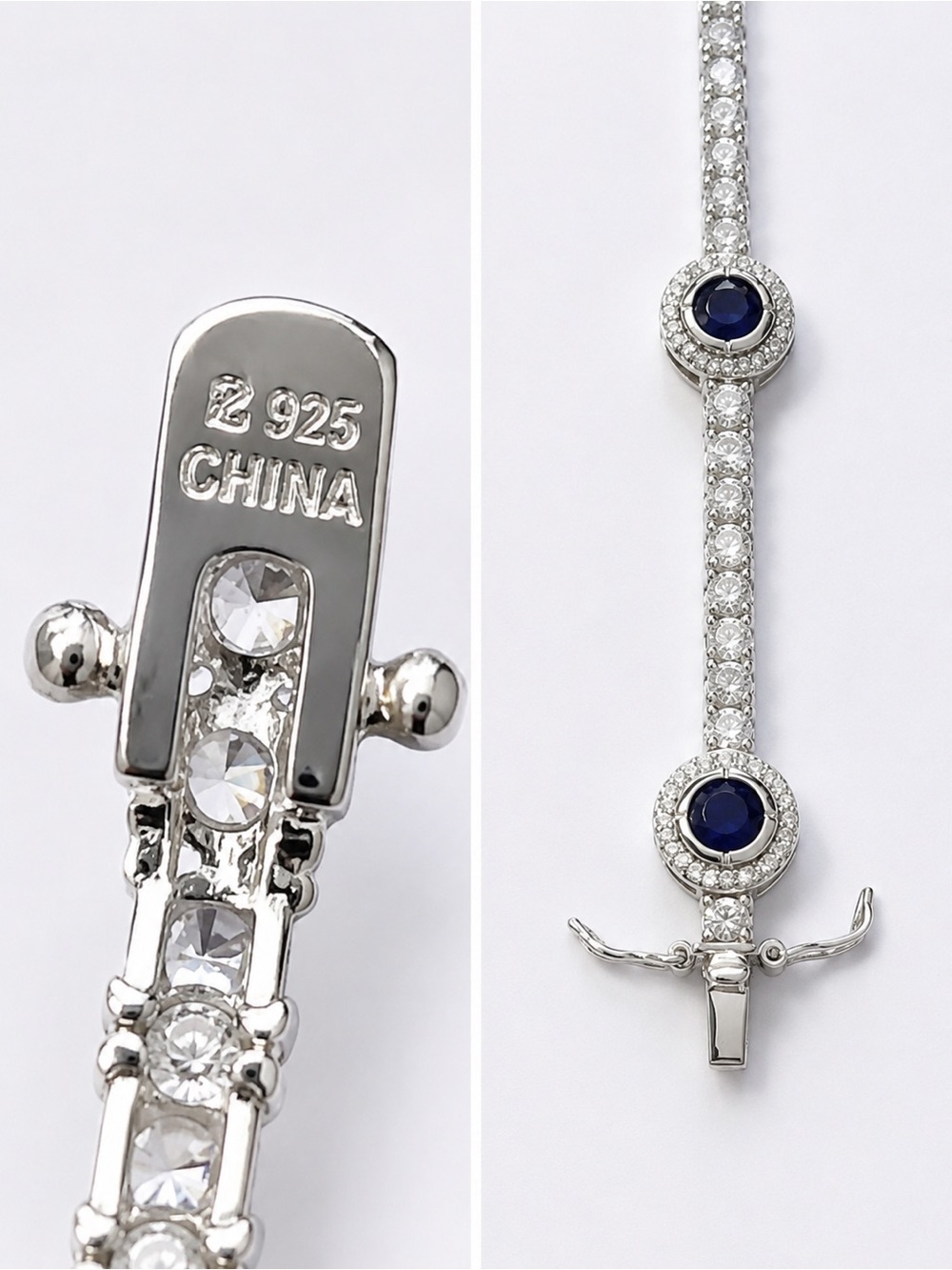 925 Sterling Silver Blue Sapphire wnd Cubic Zirconia Tennis Bracelet Size 7” - Picture 6 of 16